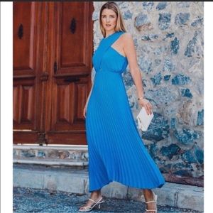Zara Blue Pleated Criss Cross Halter Maxi Dress
